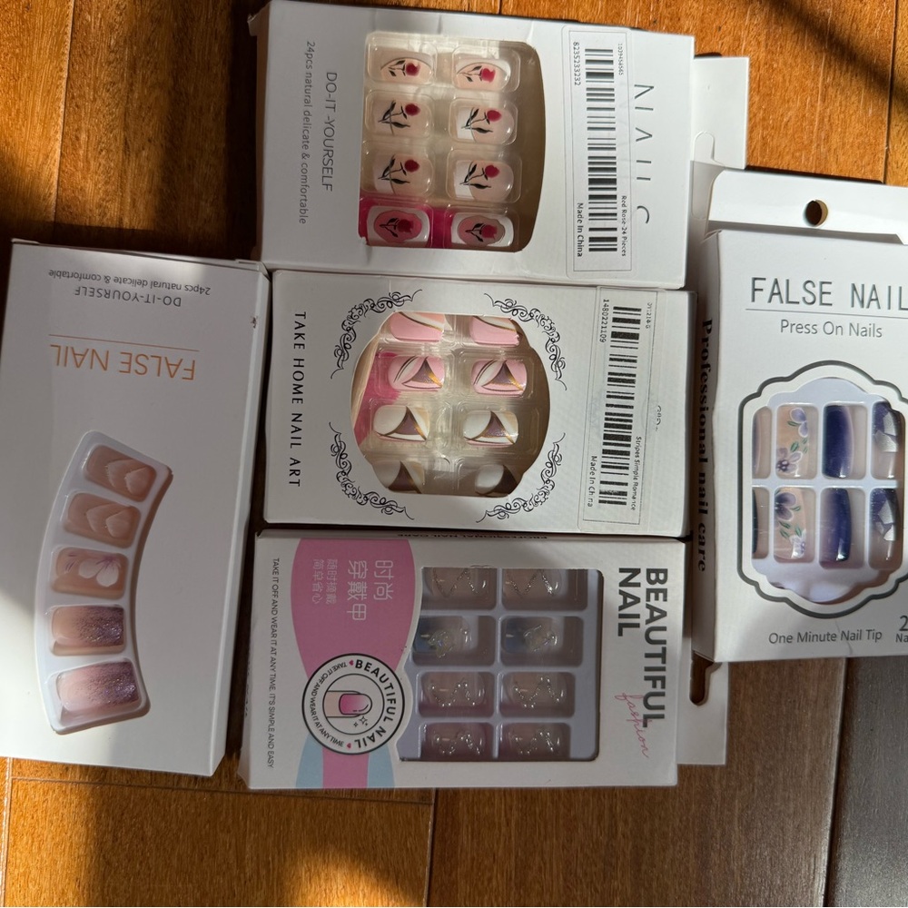 Mixed Pack of Five Press-On False Nails - Pink, Nude & White Designs